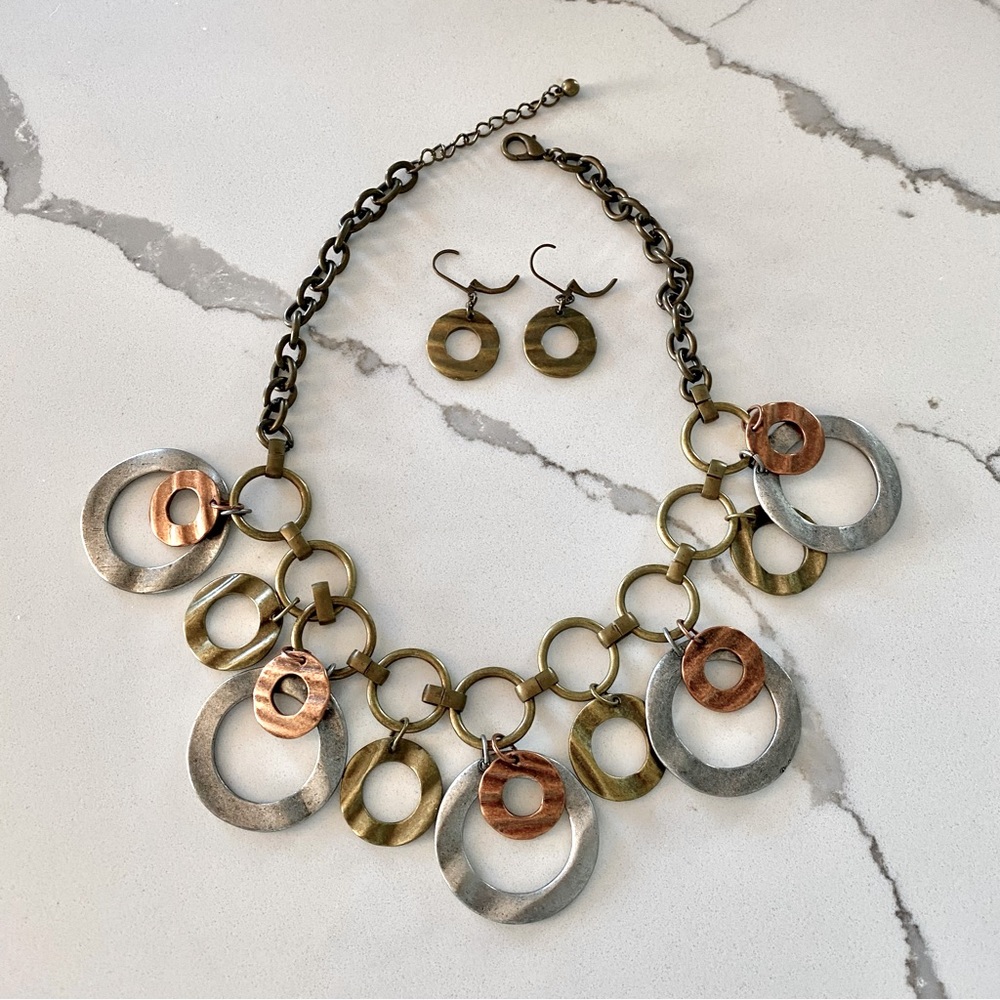 Vintage Necklace & Earrings Brushed Bronze, Copper and Brass Geometric Circles